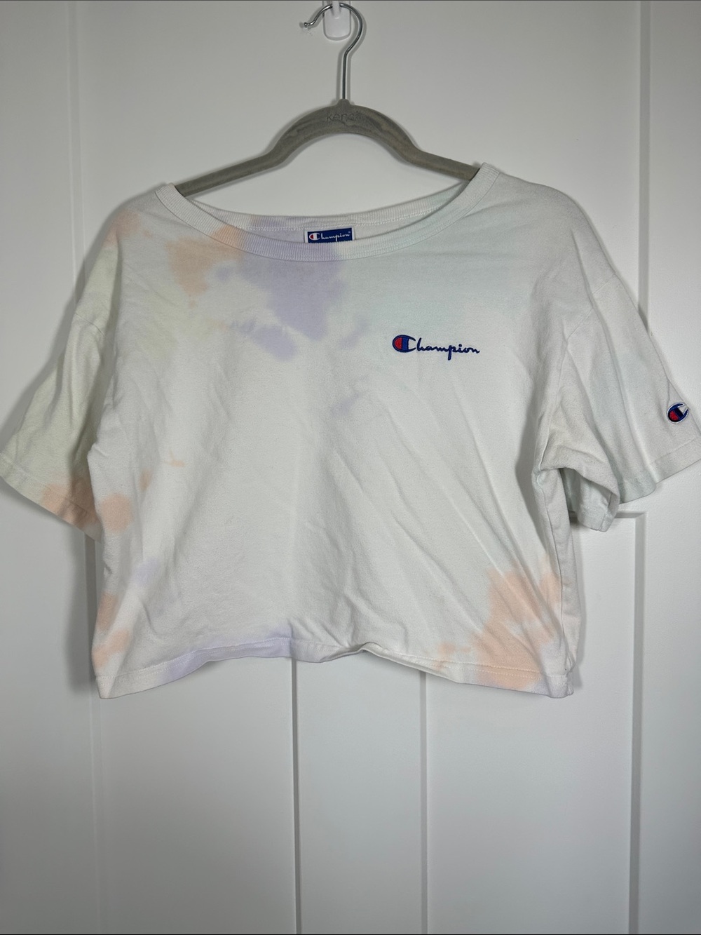 Champion White Cropped Tee with Pastel Tie-Dye